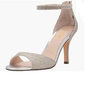 XYD Beige Glitter Open Toe Rhinestones Ankle Strap High Heels Sandals